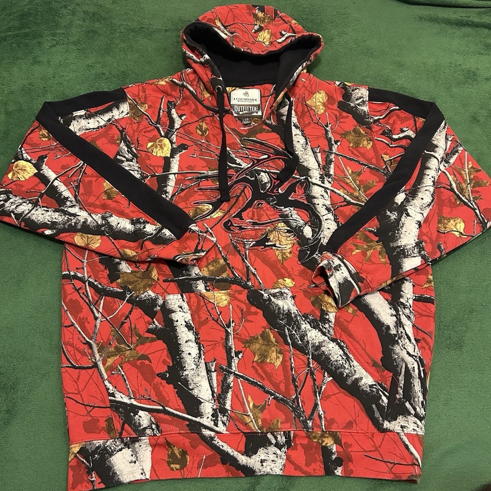 Legendary Whitetails Mossy Oak Red Camo Deer Head Pullover Hoodie Mens L